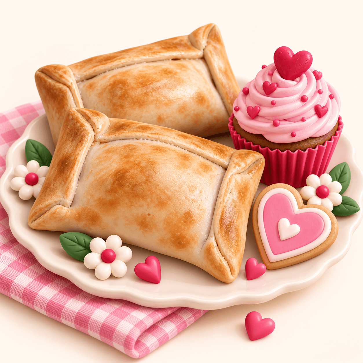 Ilustración 3D de empanadas chilenas, un cupcake y una galleta de corazón en tonos rosa y crema